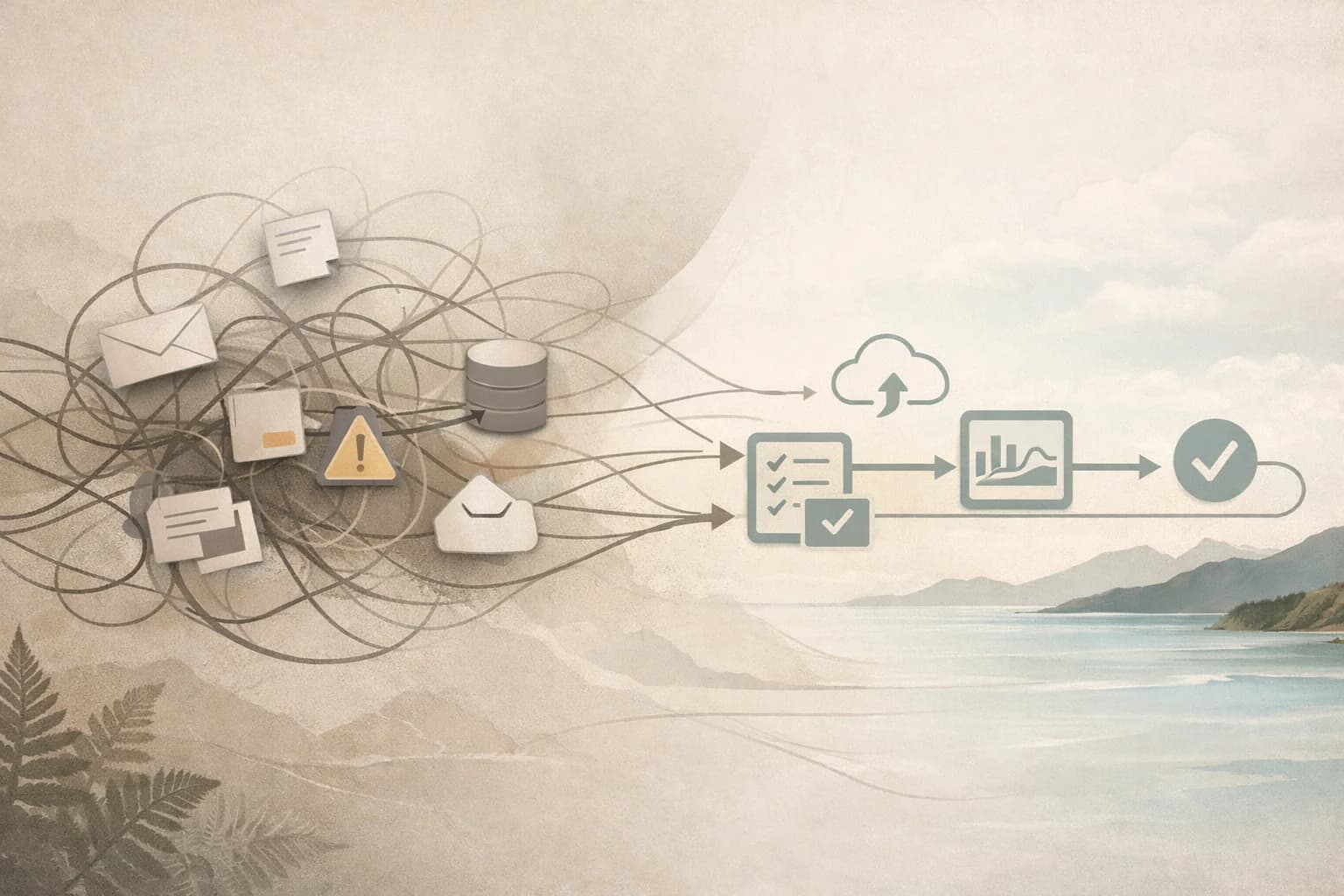 Workflow Disconnected operational complexity transforming into a clear, connected workflow with better visibility and control.