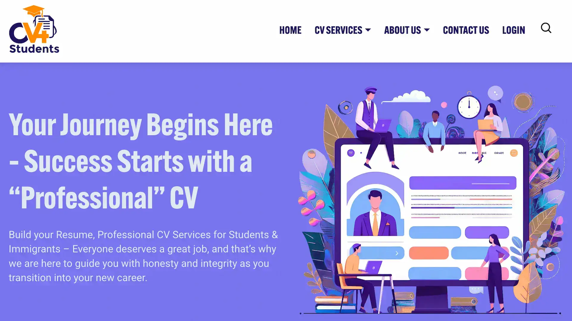 CV4Students website homepage showcasing resume writing and career services for students and immigrants in New Zealand