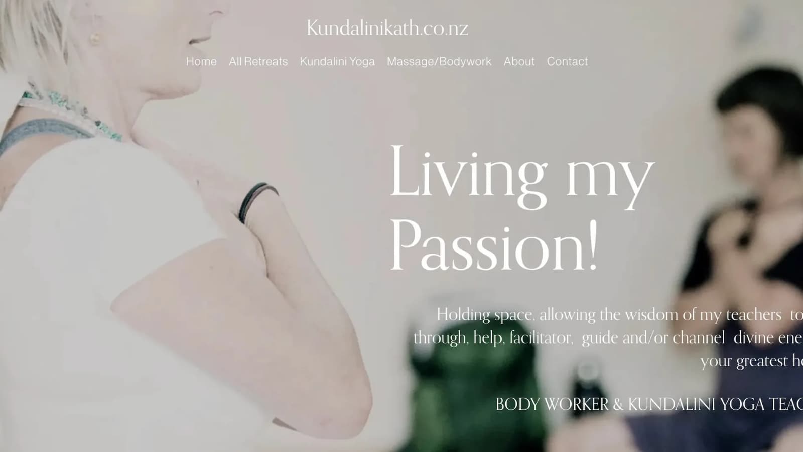 Website screenshot of Kundalini Kath yoga and wellness services featuring meditation and bodywork offerings