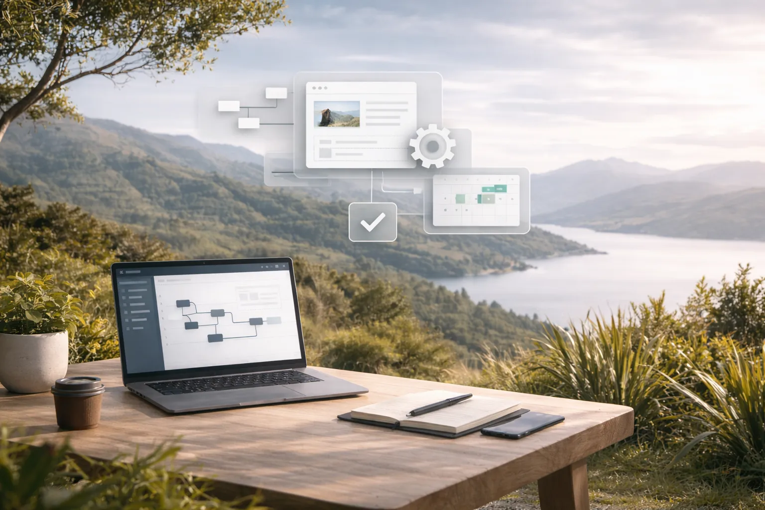 Calm digital workspace showing clear system structure and ownership, with a subtle Aotearoa view
