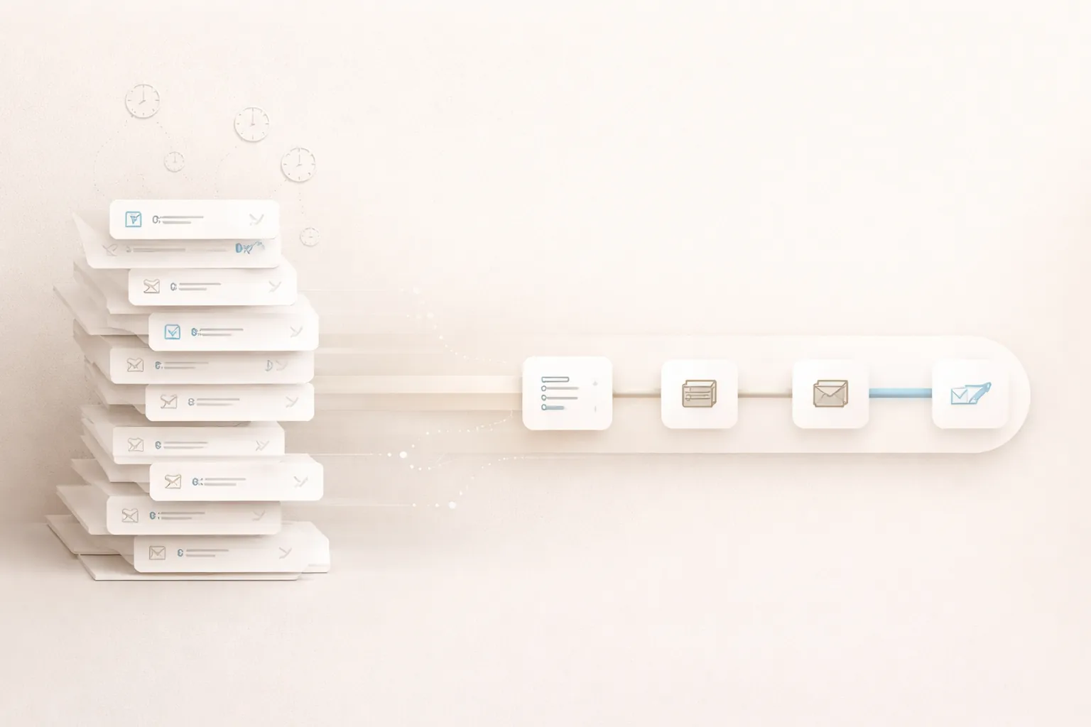 Repetitive admin tasks compress into a clean automated workflow, showing a shift from drag to operational flow.