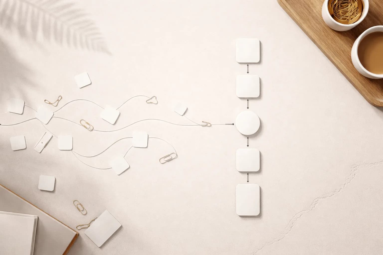 Scattered workflow pieces becoming ordered into a clear, focused flow on a calm neutral surface with a subtle NZ detail.