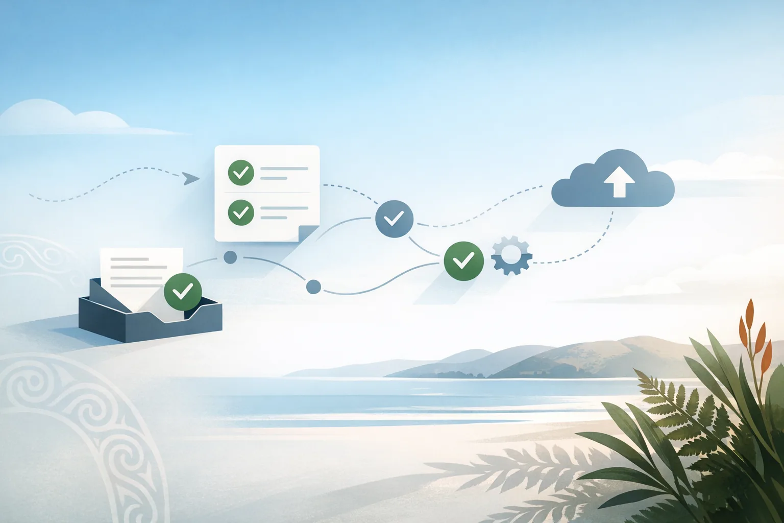 Minimal workflow illustration showing calm automation from inbox to checklist with subtle NZ coastal detail.
