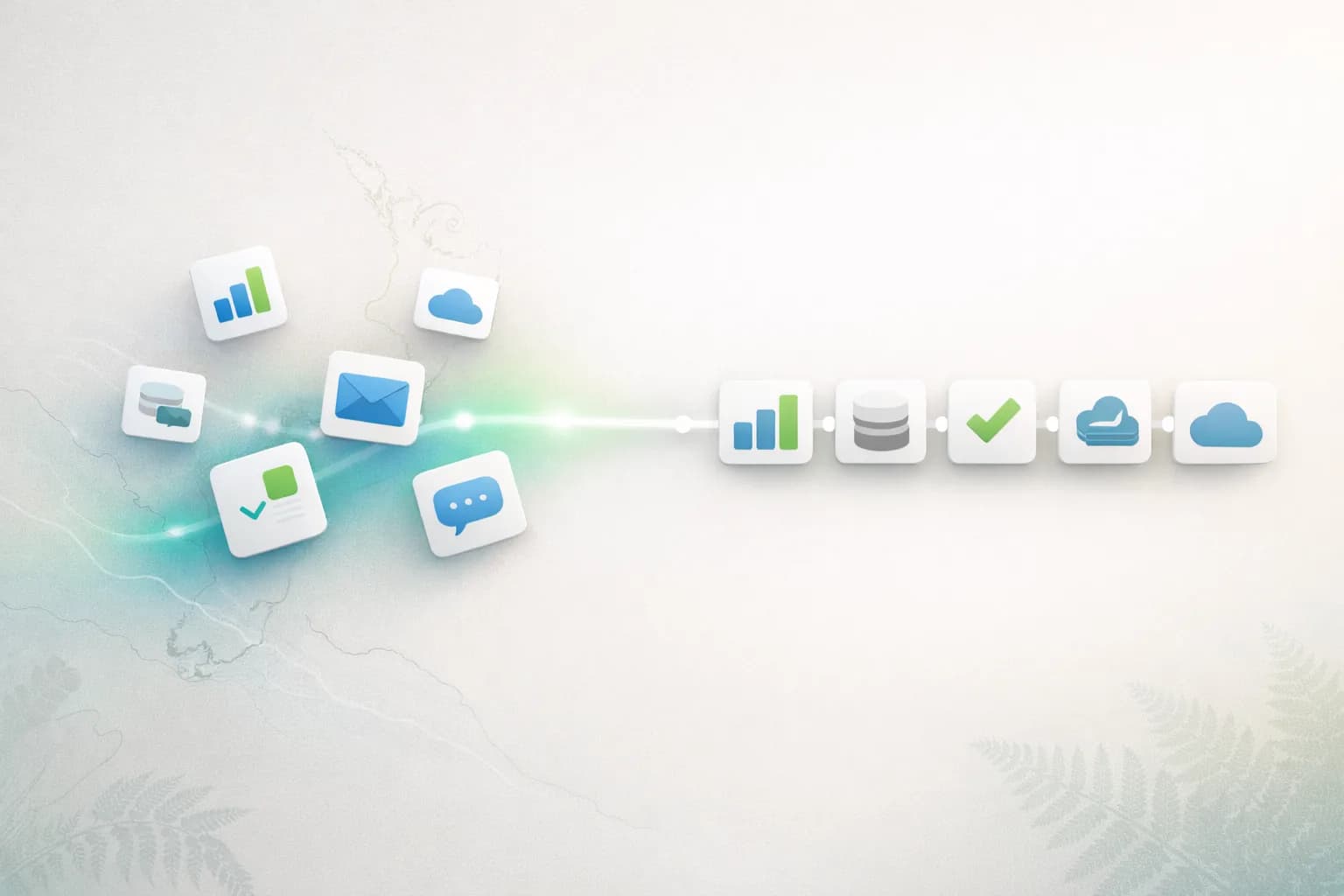 Scattered digital tools converging into a clear, connected workflow.