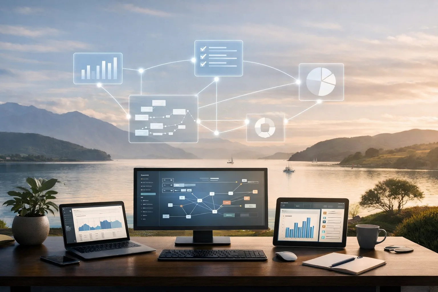 Calm NZ coastal workspace with subtle connected interface overlays showing clear business visibility