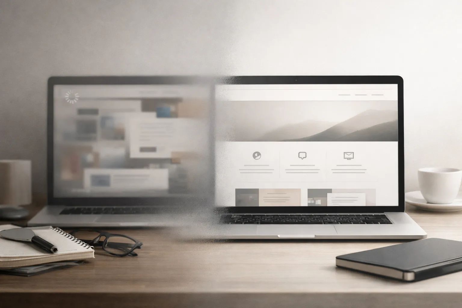 A modern website interface shifting from cluttered and slow to clean and fast, representing an outdated website upgrade.