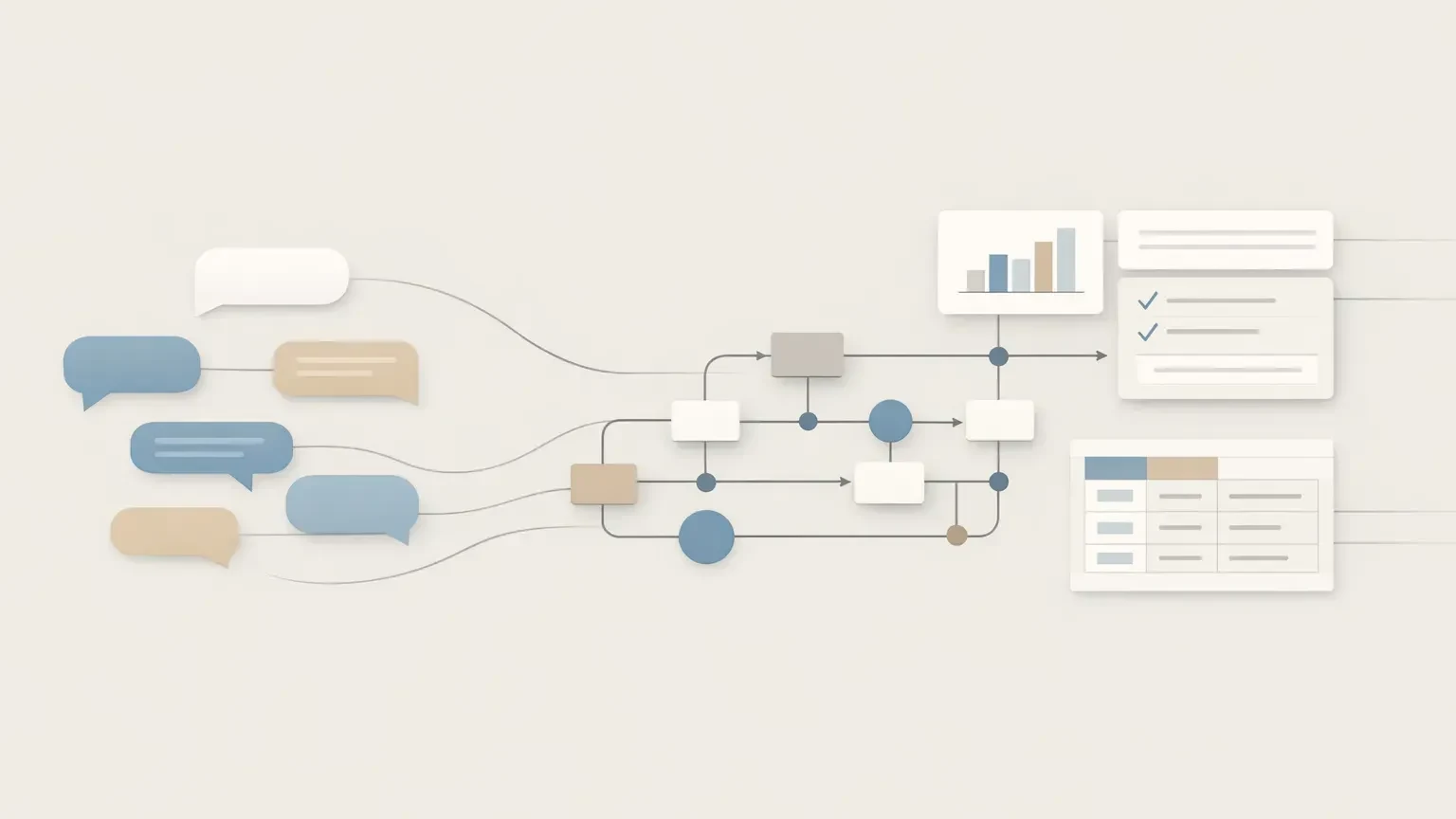 AI Chatter: What It Means for Business and Where It Helps Editorial illustration of an organised digital conversation system, with subtle chat bubbles and connected workflow elem
