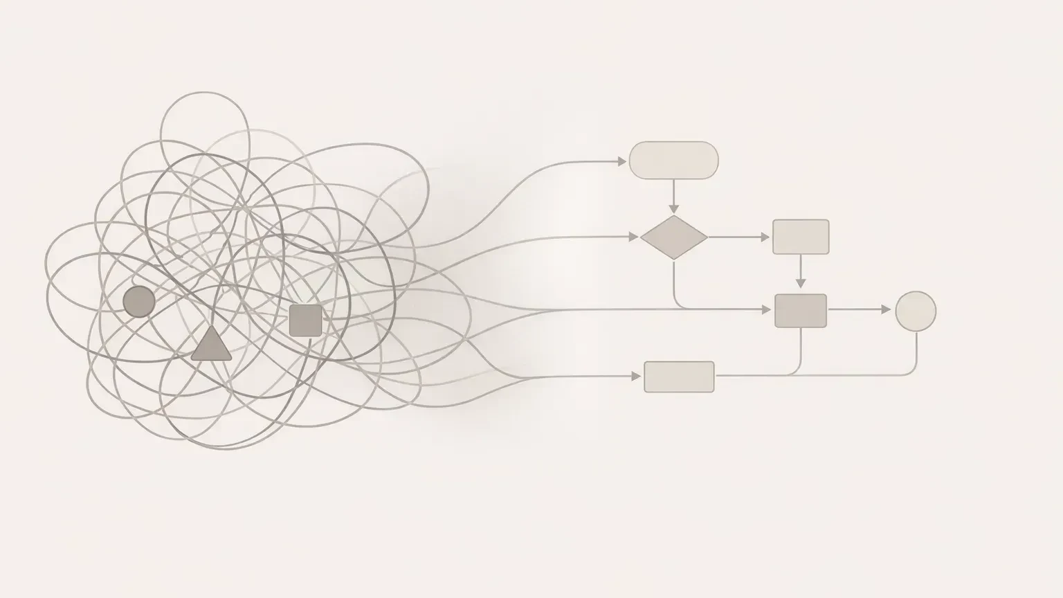 Business Process Automation Framework: How to Fix Handoffs Before Growth Creates More Admin Editorial illustration of a messy workflow diagram resolving into a clear, streamlined process with clean connecting lin