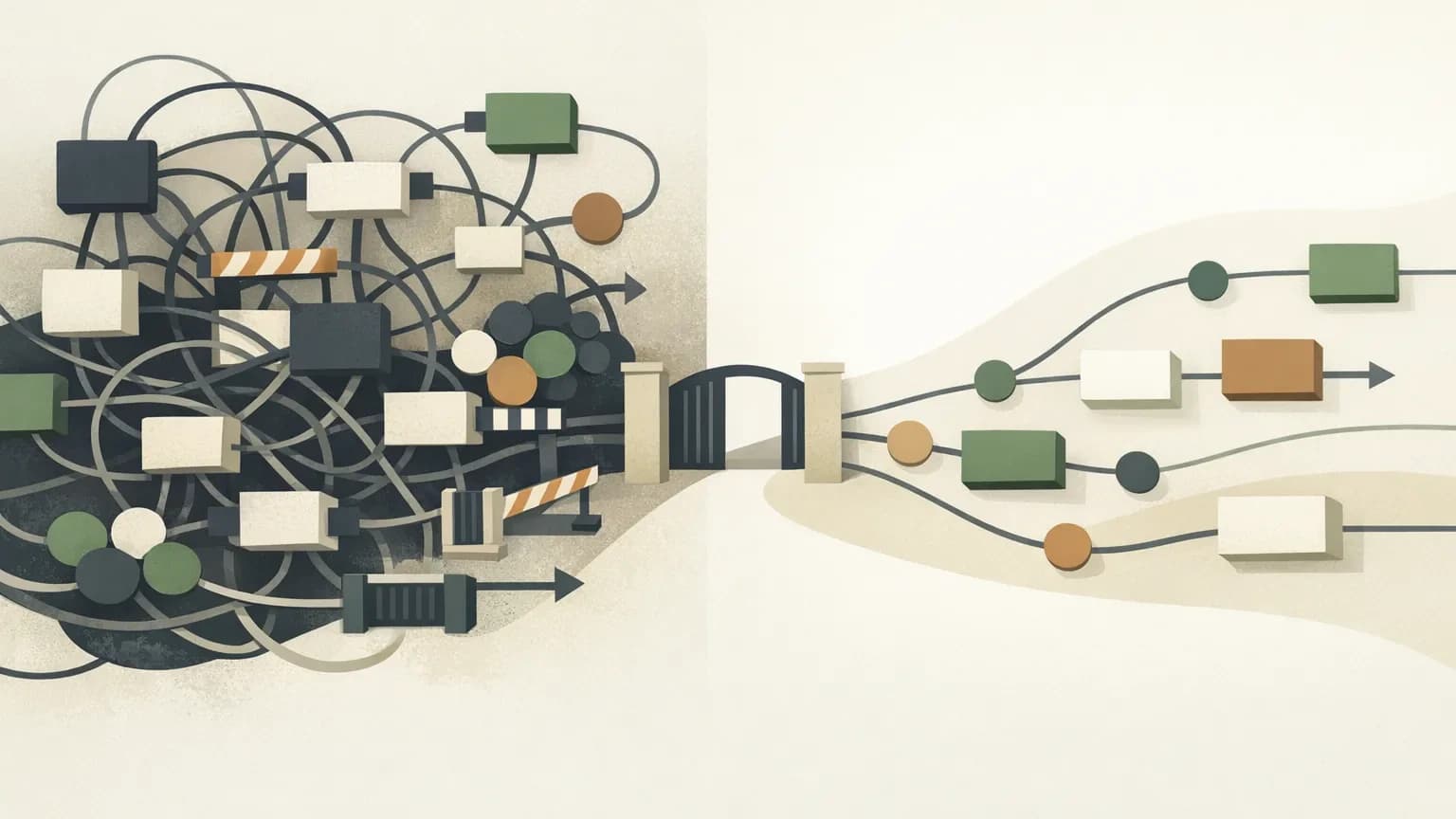 How to fix outdated business systems before they slow down your team and customer experience Stylised editorial illustration of a tangled, congested business workflow of nodes and blocked pathways opening into a c