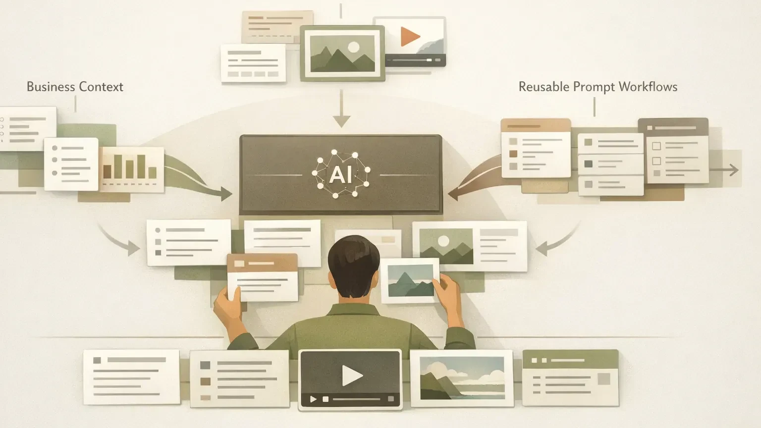 How to Set Up AI Properly for Content Creation Before You Start Publishing Editorial-style illustration of a structured content workflow: three organised inputs—business context, source material,