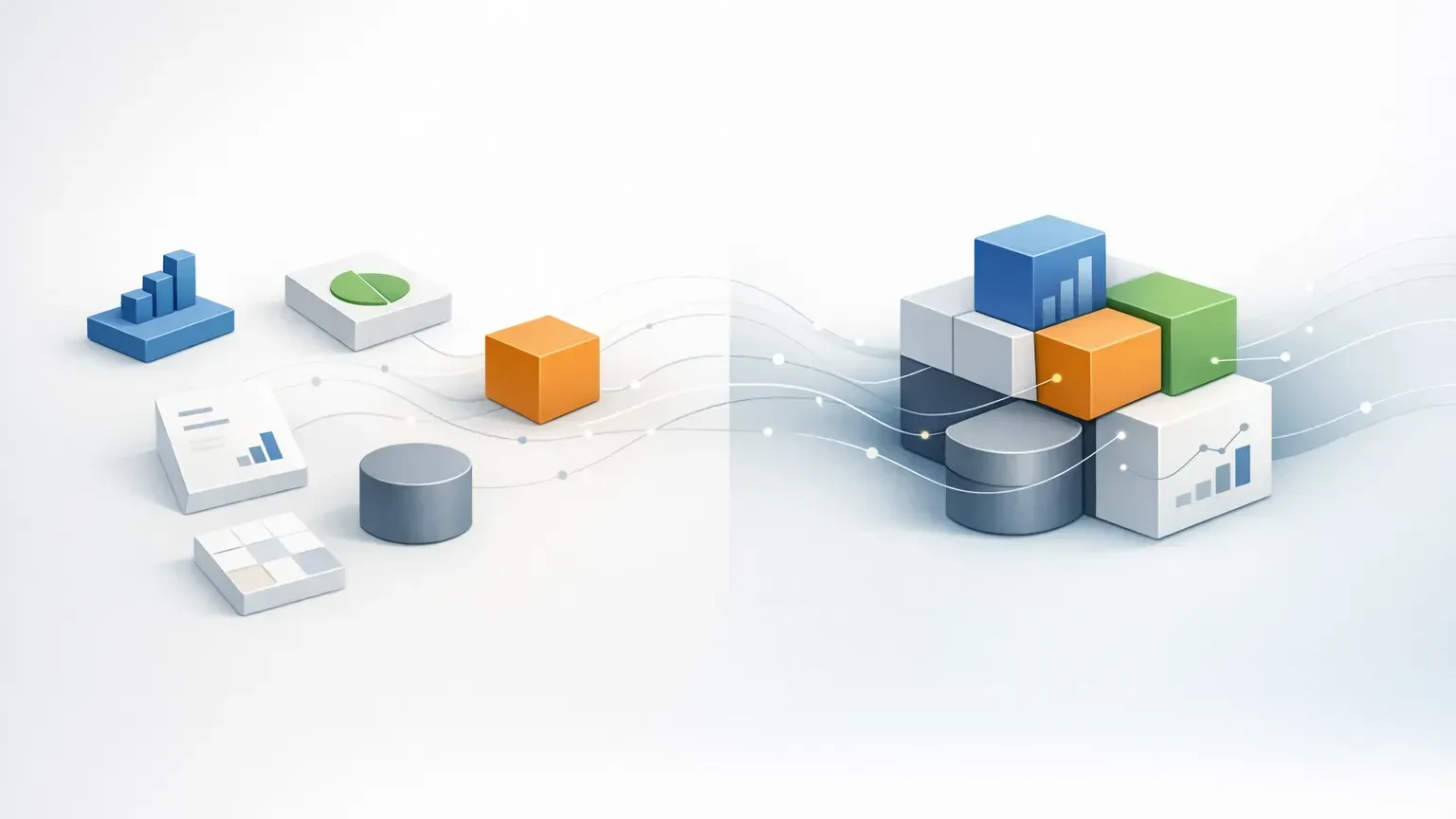 System Integration: What It Means and Why It Matters Illustrated business system modules arranged as separate blocks connecting into one clean network with subtle data flow,