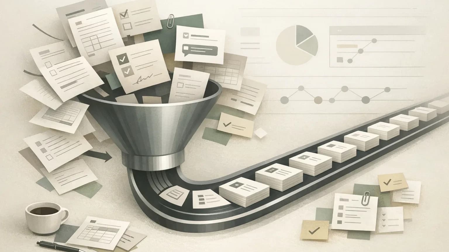 What Business Process Automation Is and How to Spot a Good First Use Case Stylised editorial illustration of scattered business paperwork, emails, spreadsheet-like grids, and approval notes feed