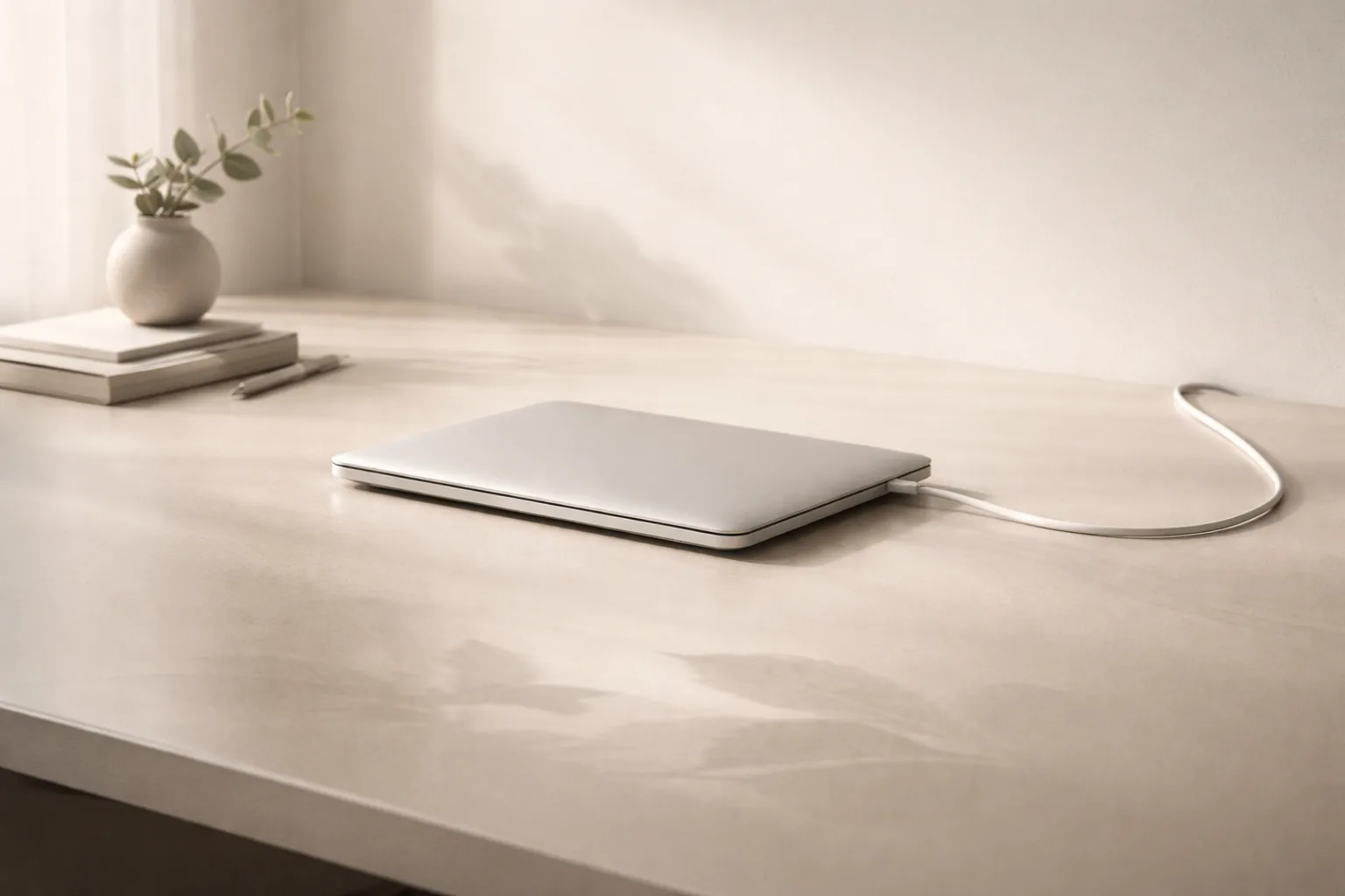 Calm Calm, minimal workspace scene suggesting digital clarity and less stress, with a subtle New Zealand detail.