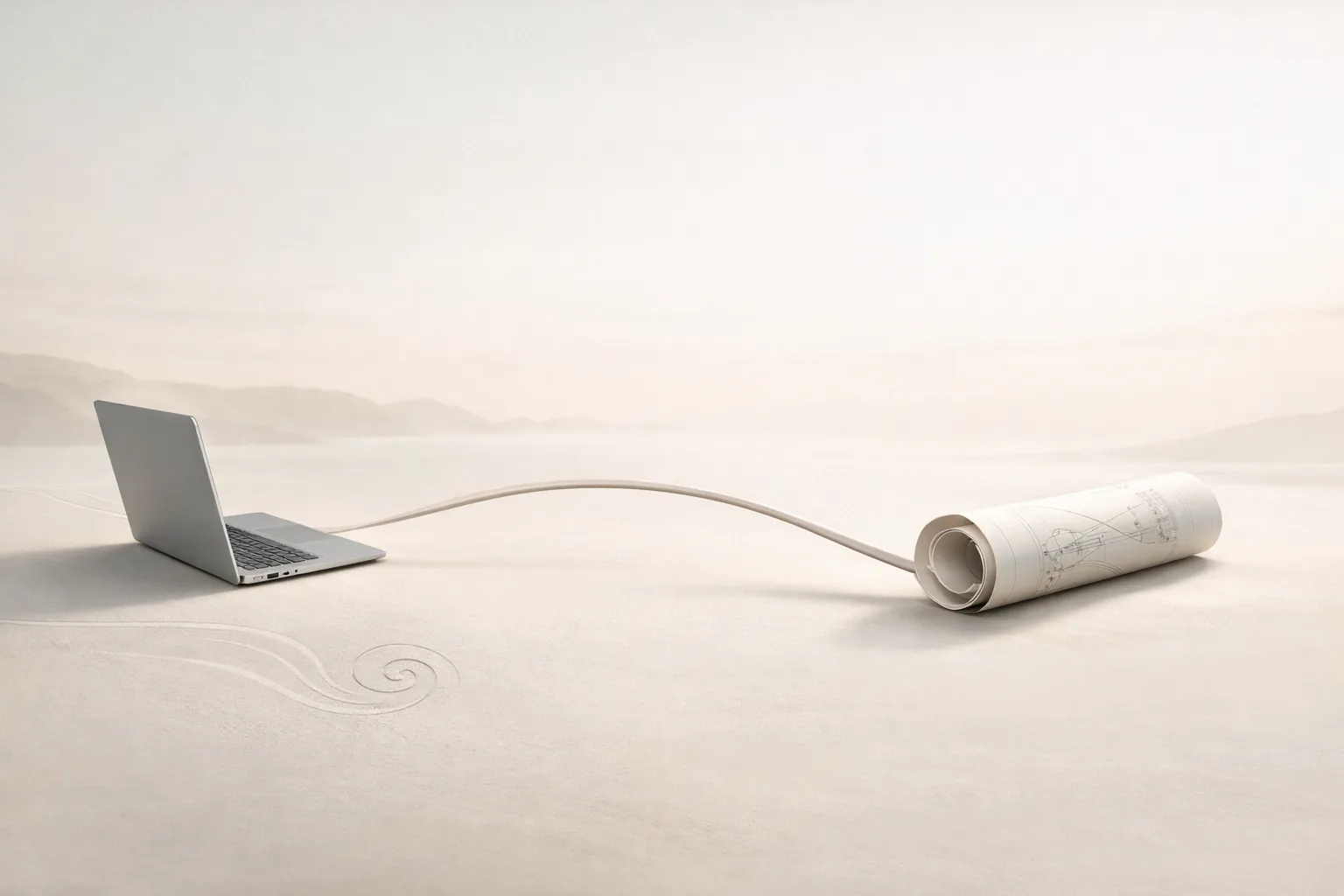 Direct Access Two connected elements linked by a single clean line, calm neutral tones, representing direct collaboration.