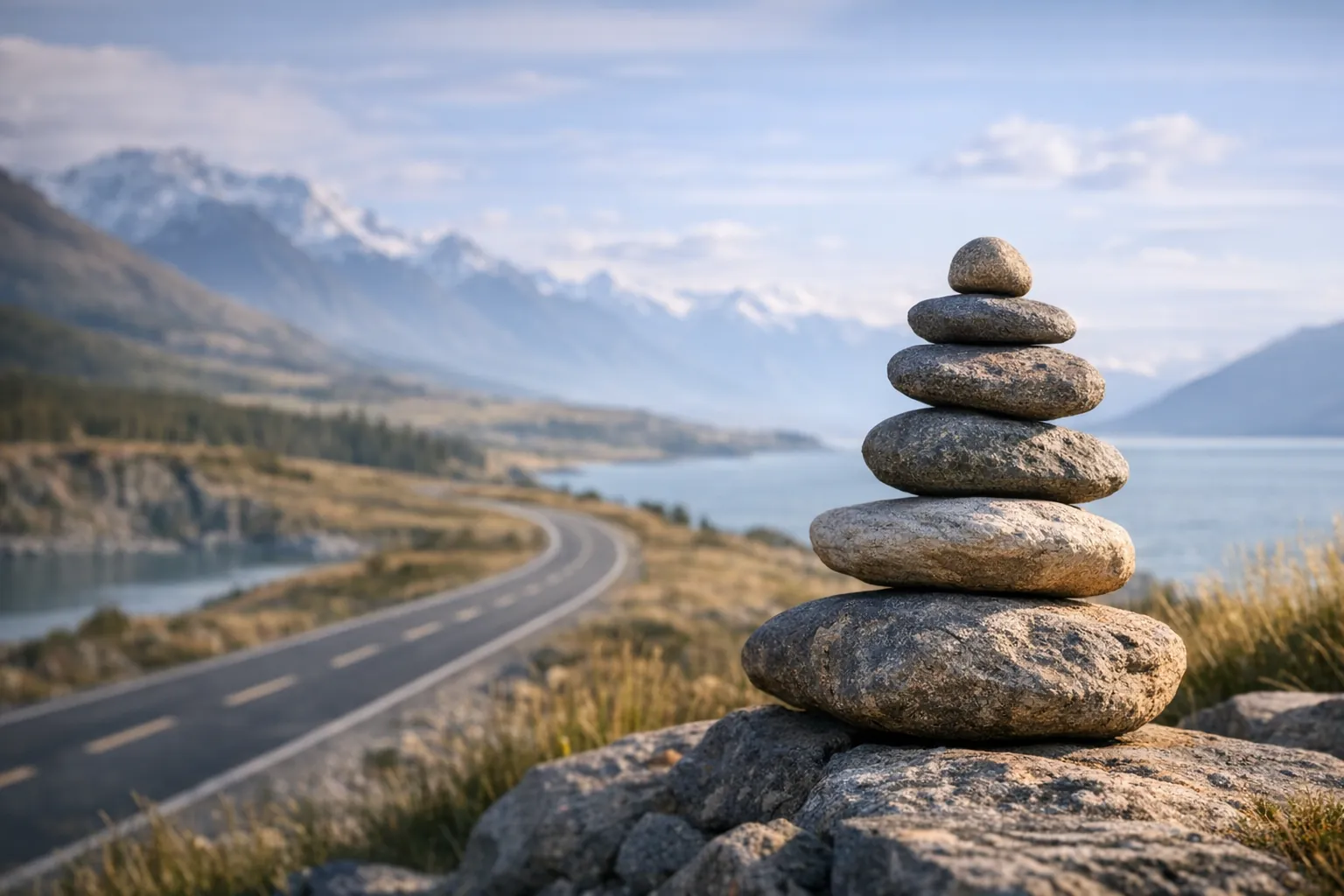 Durability Balanced stones beside a winding road and distant mountains, suggesting steady long-term progress