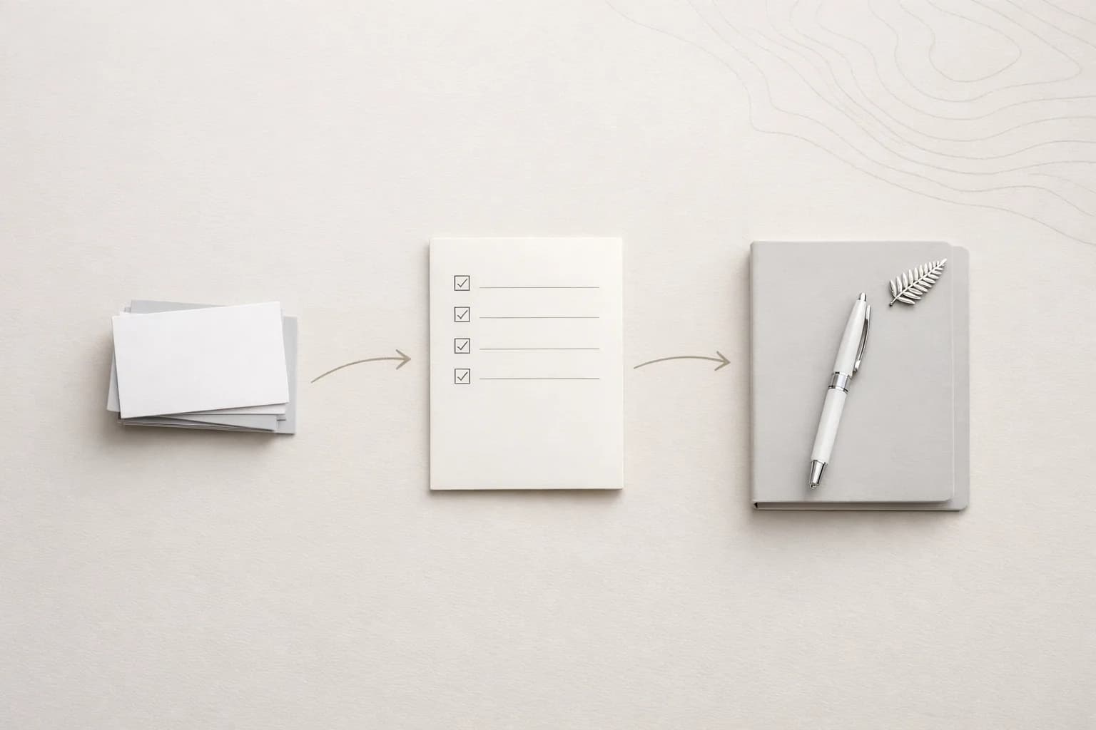 Focused Project Organised elements moving forward in a calm sequence, with a subtle silver fern detail and soft neutral tones.