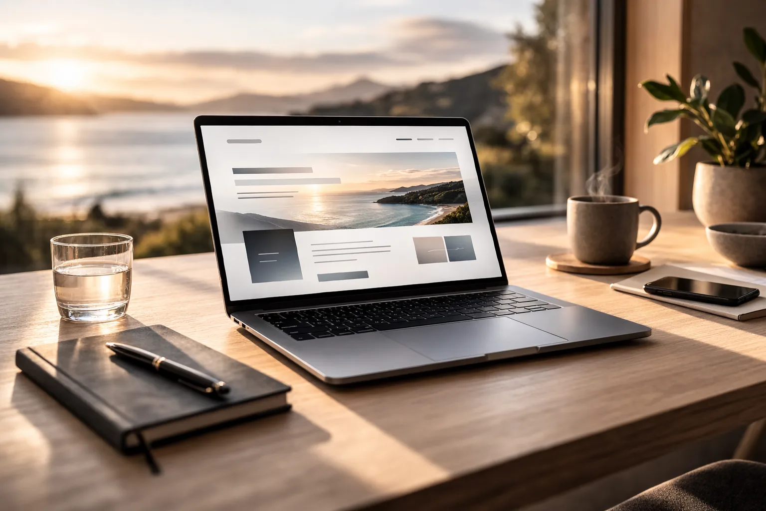 Good digital experience Clean, modern laptop workspace in soft NZ coastal light, representing a digital presence that matches real-world quality