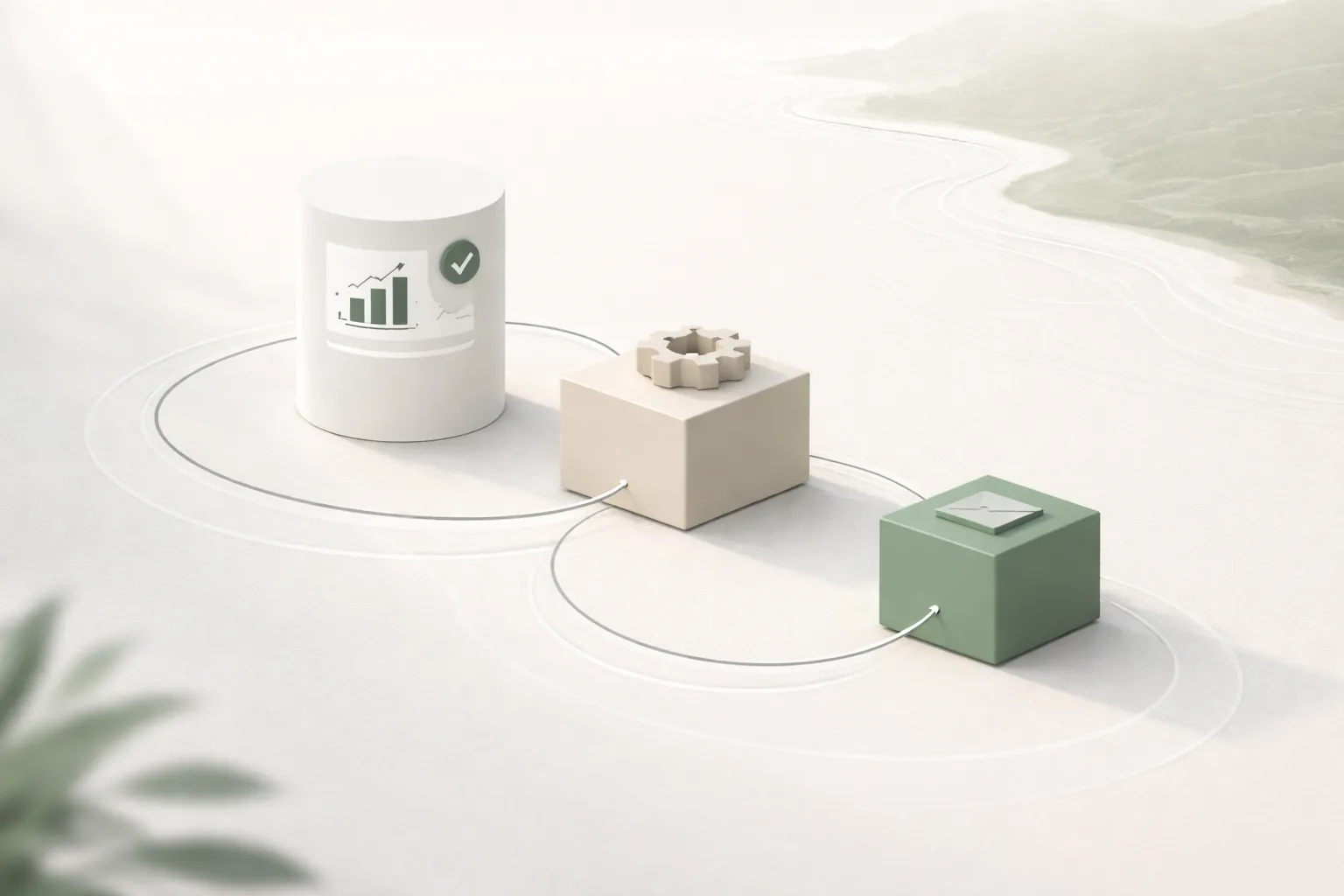 Less Friction Abstract connected workflow blocks with calm lines, suggesting clearer operations and control.