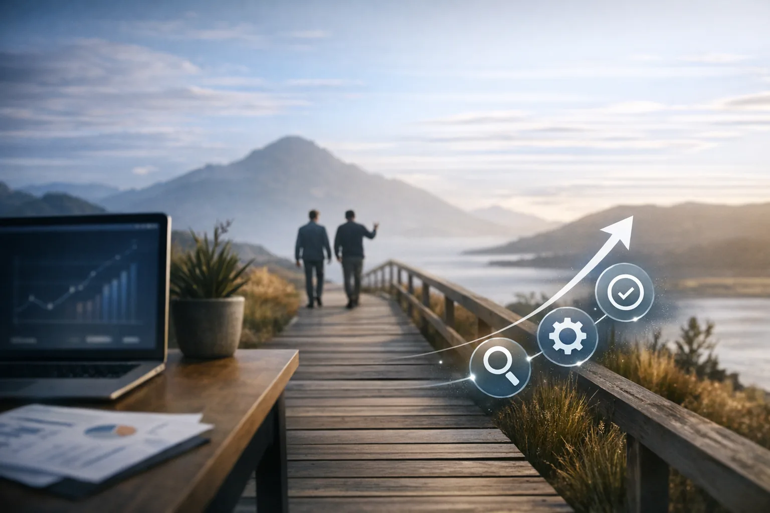 Partnership Two people walking a boardwalk towards a calm NZ mountain view, suggesting trusted guidance and steady digital progress.
