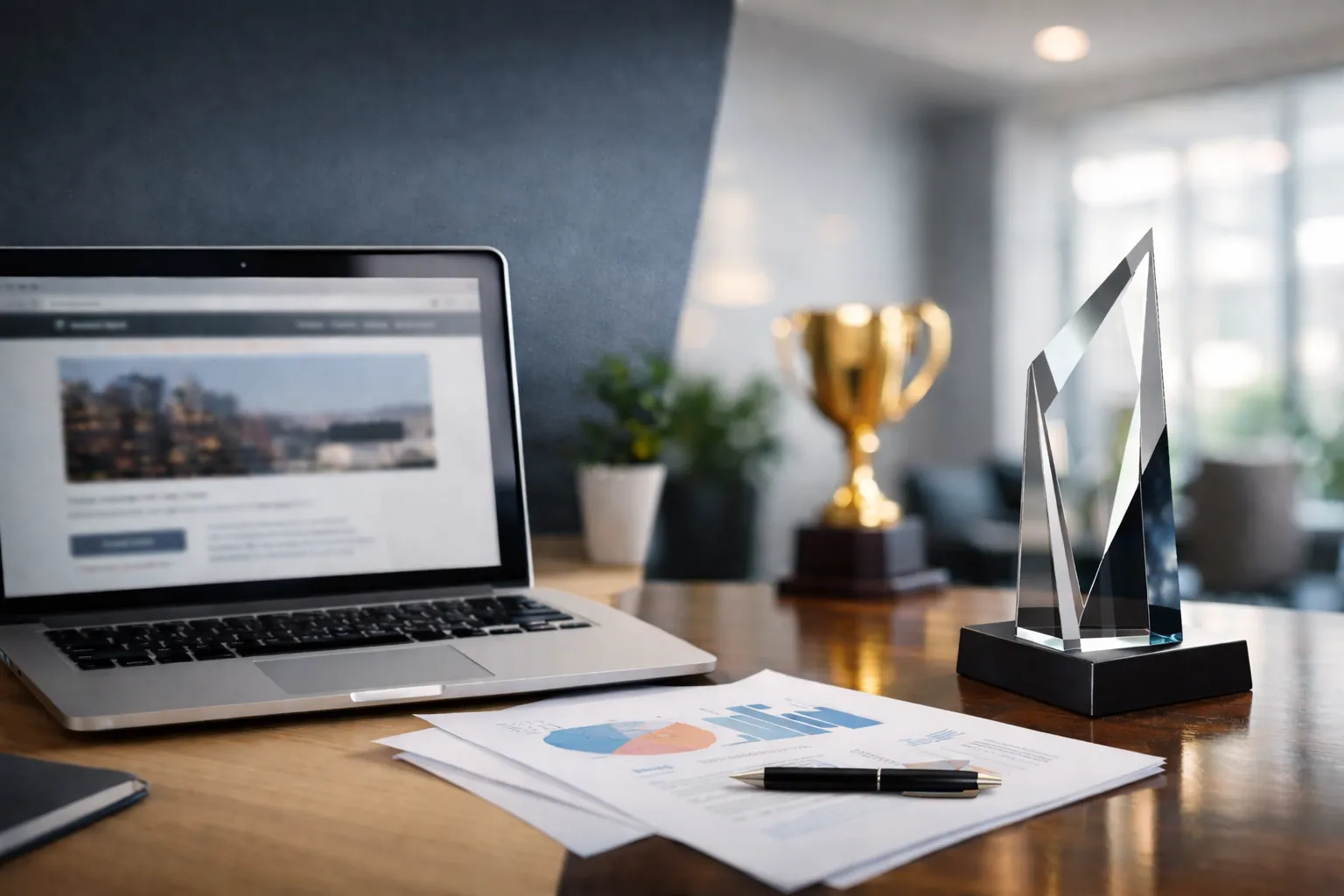 Image showing a premium workspace with a laptop displaying a slightly dated, generic-looking website on one side. A laptop showing a dated-looking website beside a glass award, illustrating the gap between quality and credibility.
